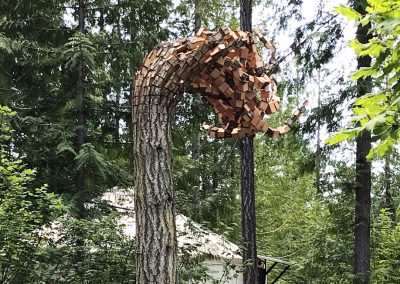 Close up of tree trunk wood blocks art back side at Lakedale